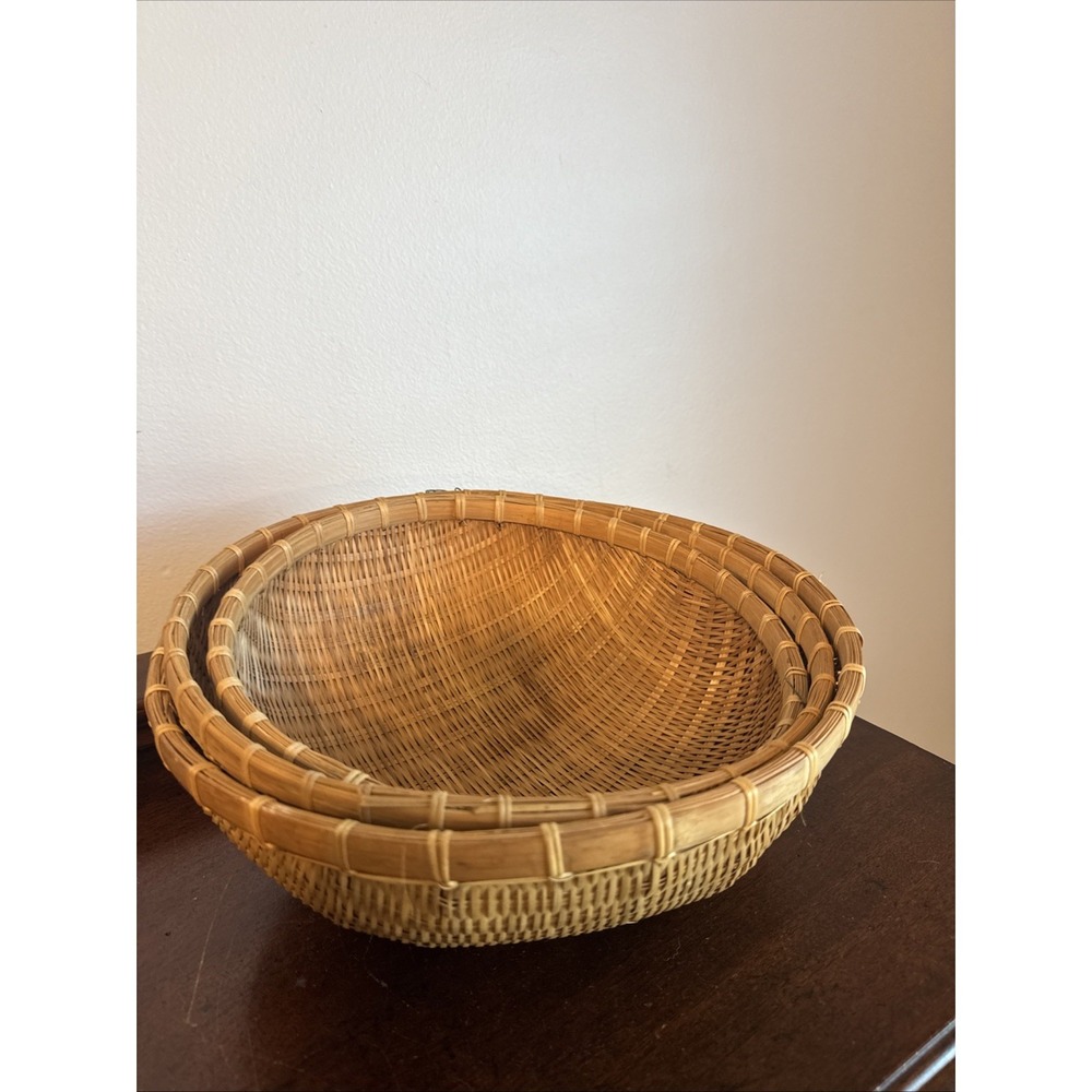 3 Pc Vintage Woven Bamboo Basket People's Republic China Decor Round Boho